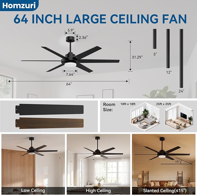 64 Inch Ceiling Fans with Lights, Large Ceiling fan with Light and Remote/APP Control, 3CCT, Dimmable, Noiseless DC Reversible Motor, 6 Blades Black Ceiling Fan for Bedroom Living Room Outdoor