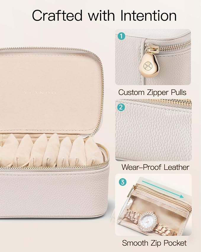 VLANDO Travel Jewelry Case with 8 Velvet Jewelry Bags Jewelry Travel Organizer Box for Girls Jewelry Box for Rings Earrings Brides Gifts Birthday Gifts for Women Teen(White)