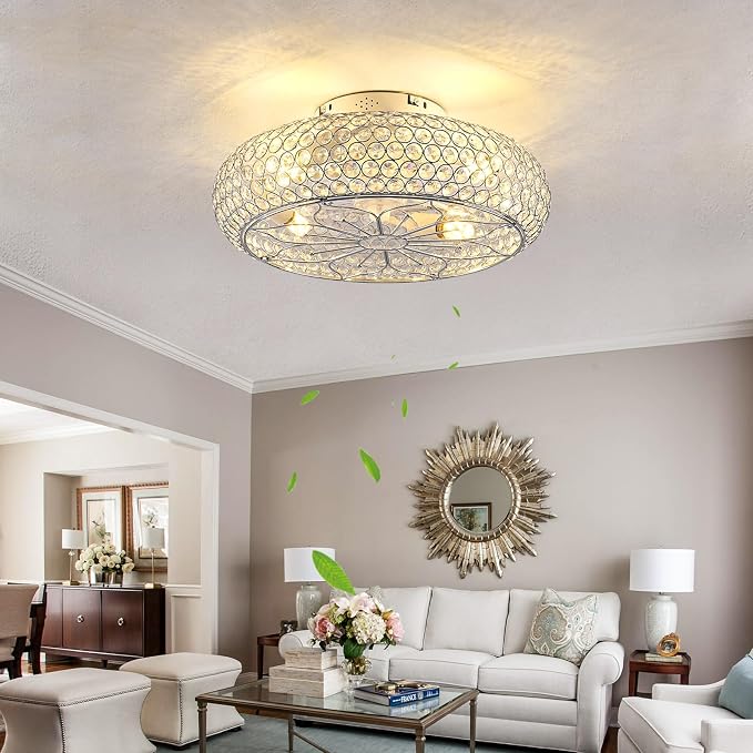 Caged Crystal Ceiling Fans with Lights and Remote,20" Flush Mount Low Profile Ceiling Fan with Light,6 Speed Enclosed Ceiling Fan with Reversible Motor for Bedroom Living Room|(4 E26 Bulbs Included)