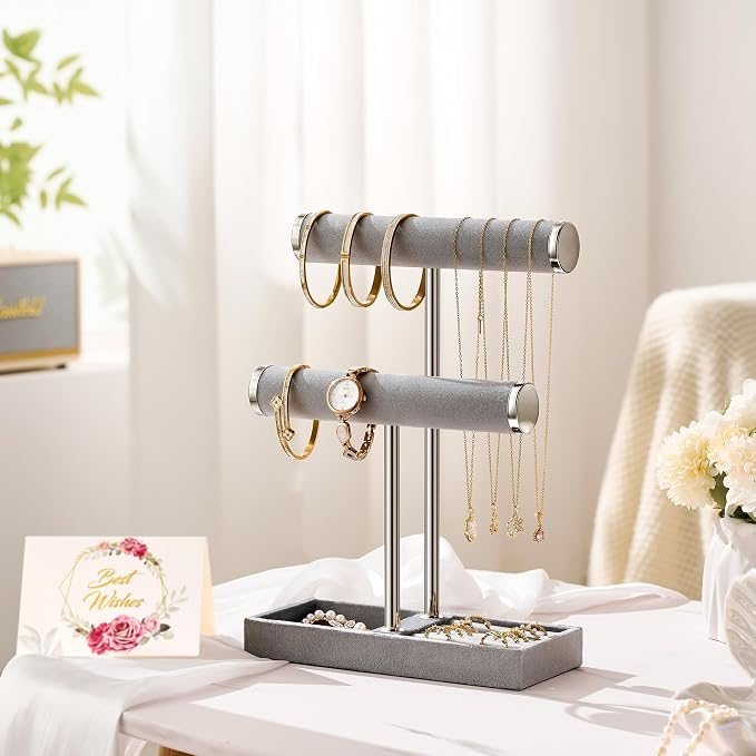 bussdis 2 Tier Bracelet Holder Display, Necklace Holder Organizer, Grey | Velvet Necklace Holder | Jewelry Tree | Jewelry Towers | Jewelry Stand Organizer for Necklaces, Bracelets, Earrings, Rings