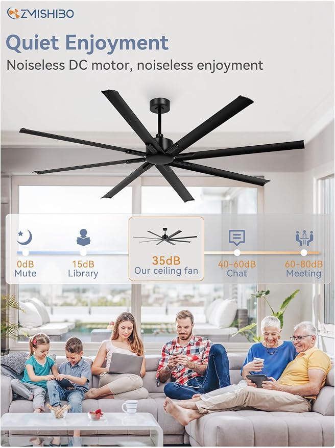 ZMISHIBO 96 Inch Ceiling Fans No Light, Large Industrial Ceiling Fan with 8 Aluminium Blades, Quiet DC Motor, 6 Speeds, Modern Ceiling Fan without Light for Garage/shop/living room,Black