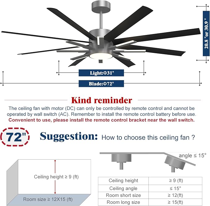 72 inch Black Ceiling Fans with Lights and Remote, Modern Large Ceiling Fan for Living Room Bedroom Patio，6 Speed Reversible，8 Blades and 9 Lights，3 CCT，Black Gray