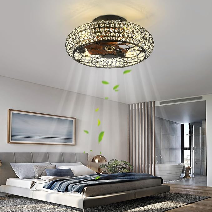 Caged Crystal Ceiling Fans with Lights and Remote,18.8" Flush Mount Low Profile Ceiling Fan with Light,6 Speed Enclosed Ceiling Fan with Reversible Motor for Bedroom Kitchen Living Room