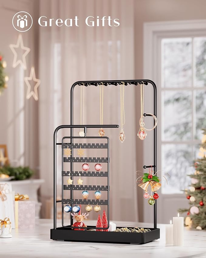 ProCase Jewelry Stand Holder Organizer and Storage, Black (No-Assembly) | Rotating Earring Bracelet Holder Storage, Hanging Jewelry Display Velvet Ring Tray, Teen Girls Birthday Gifts Room Dorm Decor