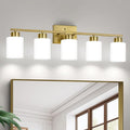 FonmYim Brushed Gold Bathroom Light Fixtures, 5-Light Modern Vanity Light Over Mirror, Wall Sconces with Milky White Frosted Glass Shades, E26 Socket (Bulbs Not Included)