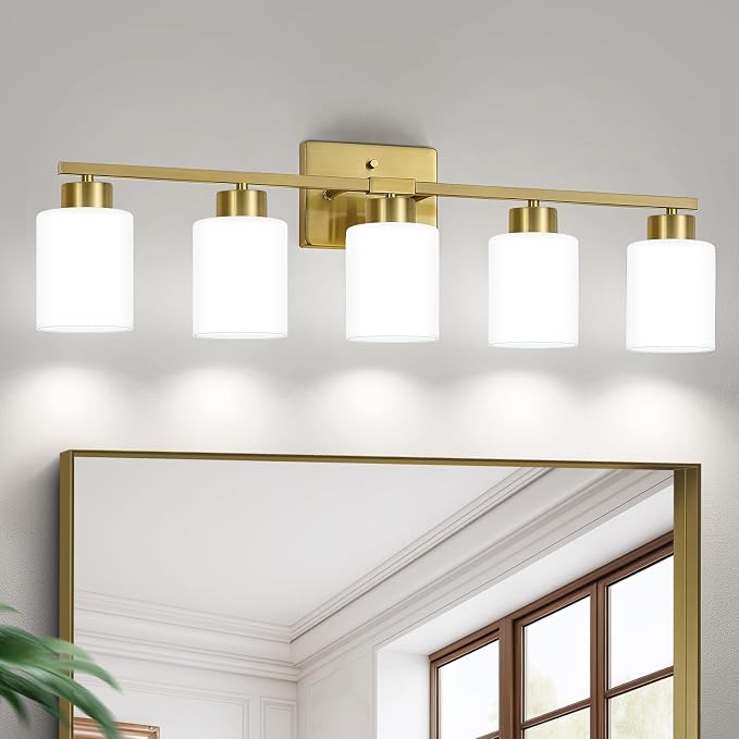 FonmYim Brushed Gold Bathroom Light Fixtures, 5-Light Modern Vanity Light Over Mirror, Wall Sconces with Milky White Frosted Glass Shades, E26 Socket (Bulbs Not Included)