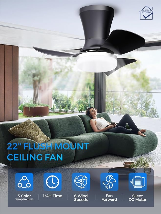 LANMEL Ceiling Fan with Light, Modern Flush Mount Low Profile with Remote Control, Reversible, 3CCT Dimmable, Quiet,LED for Bedroom, Living Room, Indoor/Outdoor Patio Use 22 Inch Silver & Black