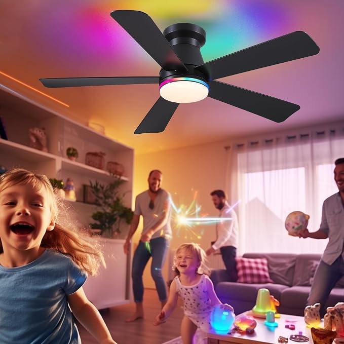 Hounberi 46 Inch Flush Mount Ceiling Fan with RGB Light and Remote, Modern Black Low Profile Ceiling Fan for Low Ceilings, 3CCT Dimmable LED, 6 Speeds Quiet Reversible Motor for Bedroom & Living Room