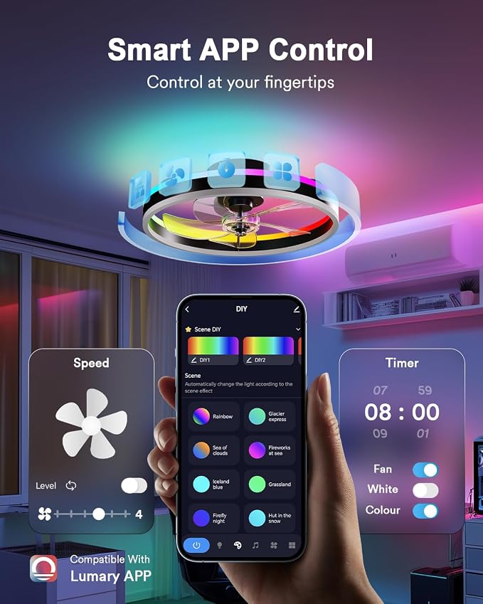 Lumary Smart WiFi Ceiling Fans with Lights, RGBAI Flush Mount Ceiling Fans with Lights and Remote, Dual Lighting Mode Modern LED Low Profile Ceiling Fan for Bedroom Works with Alexa Google, 20in Black