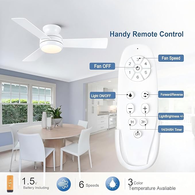 42 Inch Low Profile Ceiling Fan with Light Quiet for Bedroom,White | Flush Mount,Remote Control,Reversible DC Motor,Wood Blades,6 Speed,3CCT Dimmable for Bedroom,Living Room