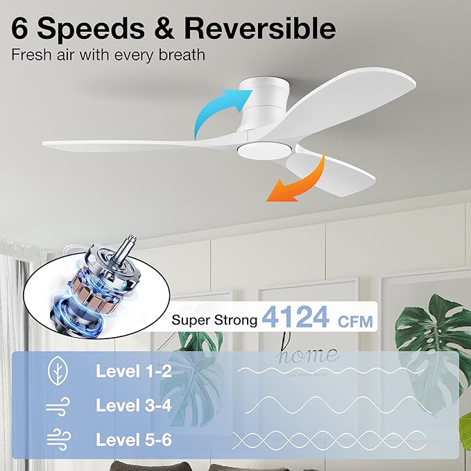 52 Inch Wood Ceiling Fans with Lights Remote,Low Profile Flush Mount Ceiling Fan with Light,Outdoor Indoor Modern Ceiling fan for Bedroom Living room Patio,White,3 Blades,Dimmable,6 Speed,Noiseless