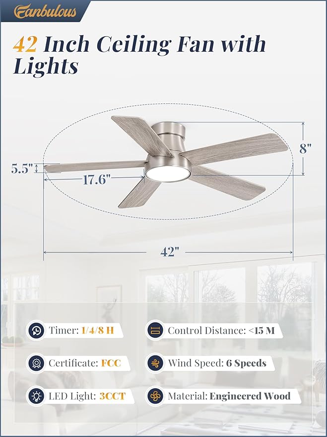 Fanbulous 42 Inch Ceiling Fans with Lights and Remote,Indoor Modern Flush Mount Ceiling Fan with 3CCT 6-Speed Quiet DC Motor,Black Small Low Profile Ceiling Fan for Bedroom Living Room Office(Nickel)