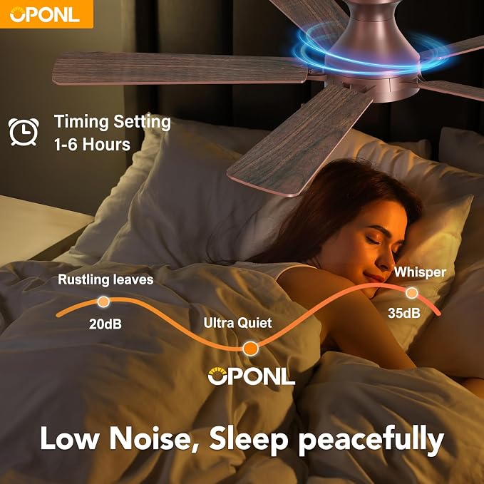 OPONL Ceiling Fan with Light, 52 inch Low Profile Ceiling fan with Light and Remote Control, Reversible, 6CCT, Dimmable, Noiseless, Brown Ceiling Fan for Bedroom, Indoor/Outdoor Use, Modern