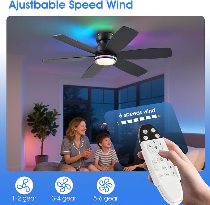 Kviflon 46" Ceiling Fans with RGB Lights, Low Profile Ceiling Fan with Remote/APP Control, Flush Mount, Double-Sided 6 Reversible Blades, RGB+3CCT Dimmable Lights, Double Lampshade for Bedroom, Black