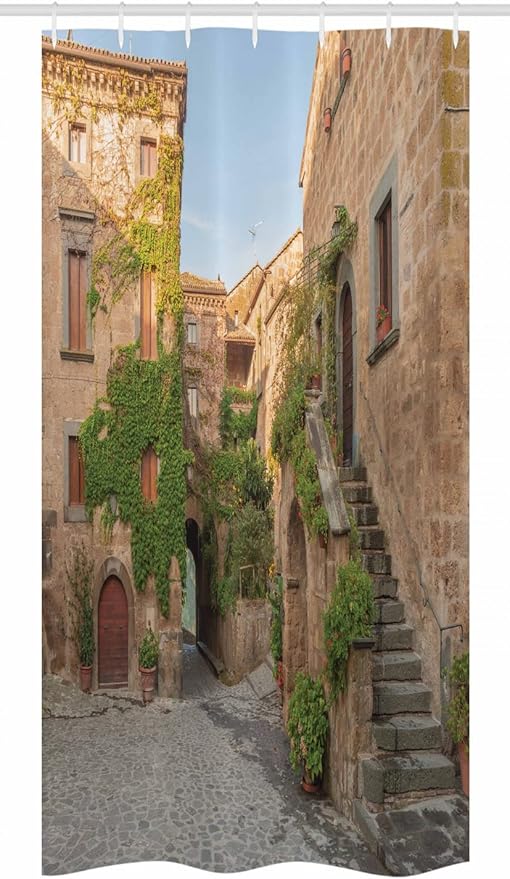 Ambesonne Tuscan Stall Shower Curtain, Village Houses with Colorful Flowers Outside in Burano Village Venice Italy Image, Fabric Bathroom Decor Set with Hooks, 36" W x 72" L, Green Ivory