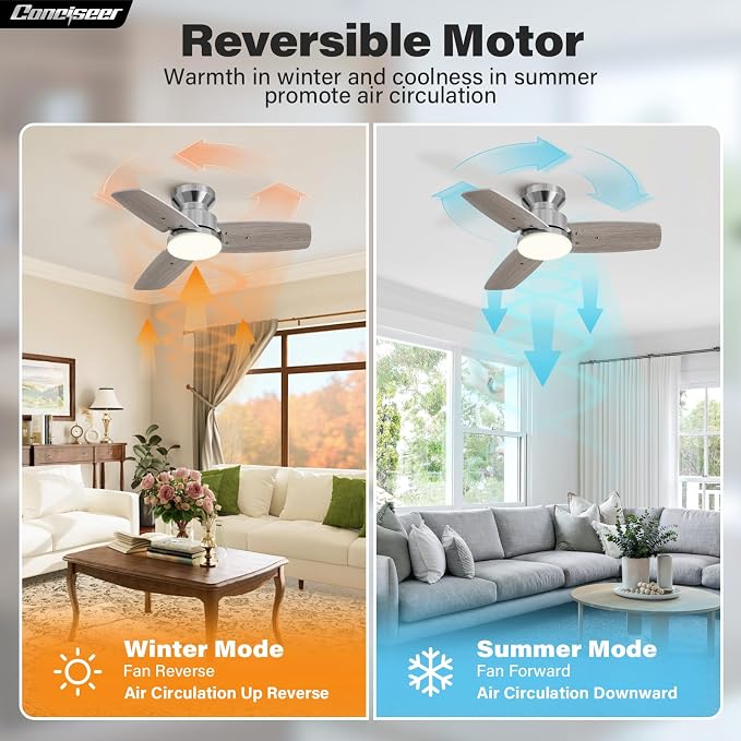 42 Inch Ceiling Fans with Lights and Remote, Bedroom Living Room Office, Flush Mount, 6CCT Dimmable, Dual Color 3 Blades 6 Speed Reversible Quiet DC Motor, Chrome-Plated/Wood Grain