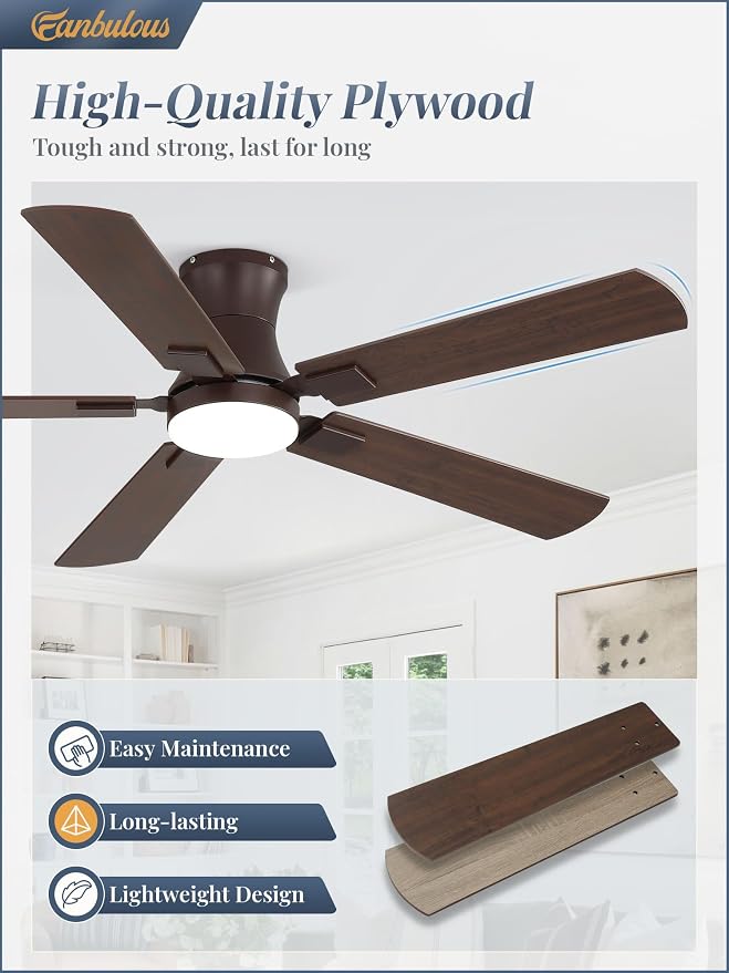 Fanbulous 52 inch ceiling fan with light, Low Profile Ceiling Fan with Light, App&Remote Control, Dimmable LED Light, Flush Mount Ceiling Fan for Indoor Bedroom Living Room, Qiuet DC Motor