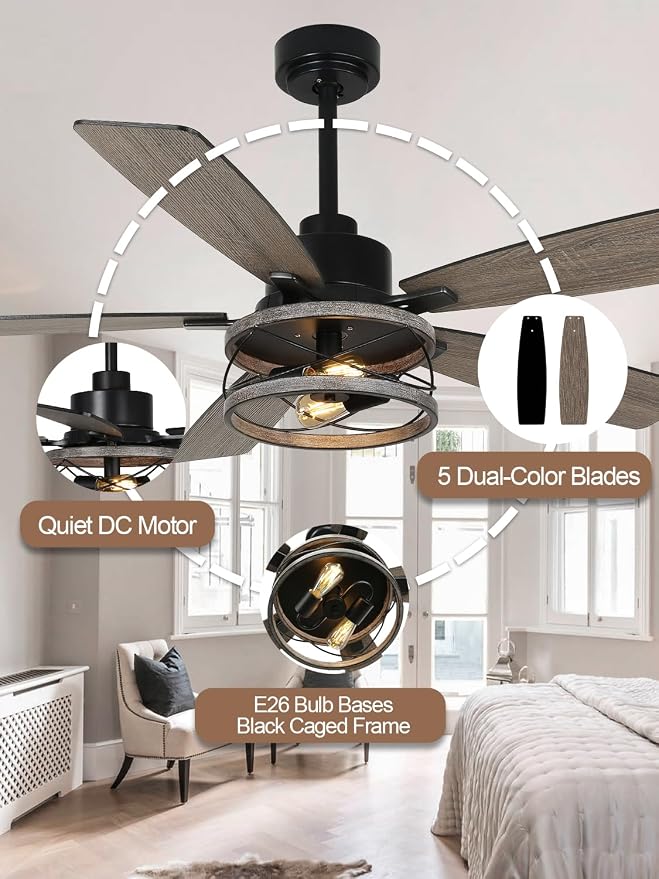 52" Farmhouse Ceiling Fan with Lights and Remote Rustic Fandelier | Wood Caged Fandalier Industrial Chandelier, for Bedroom Living Room, Reversible DC Motor 6 Speed, 3 E26 Bulbs (Not Included)