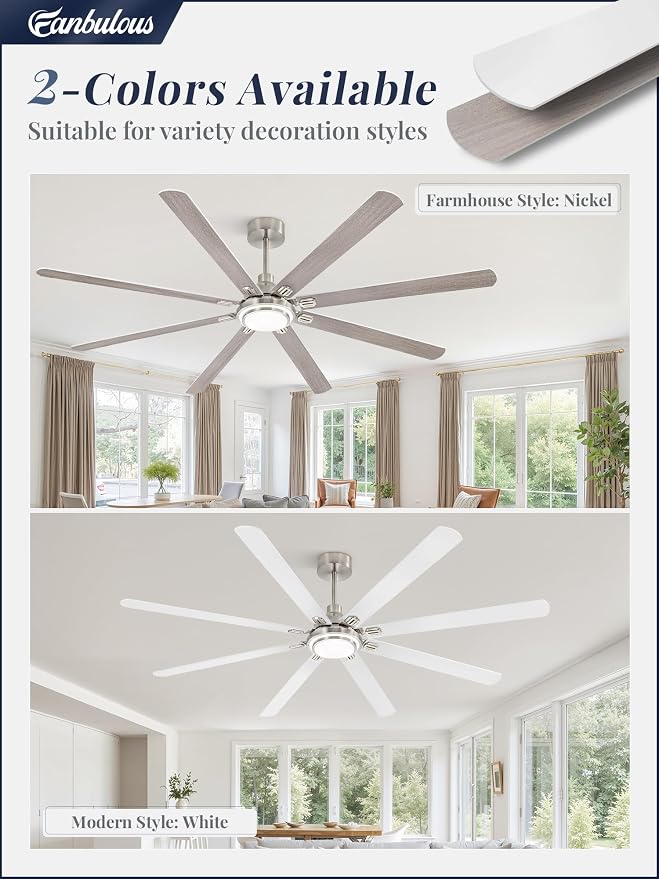Fanbulous 84 Inch Ceiling Fans with Lights and Remote, Brushed Nickel Ceiling Fan with 8 Dual-Color Blades, Indoor/Outdoor Large Ceiling Fans, Reversible DC Motor, 6-Speed, 3CCT for Living Porch Patio