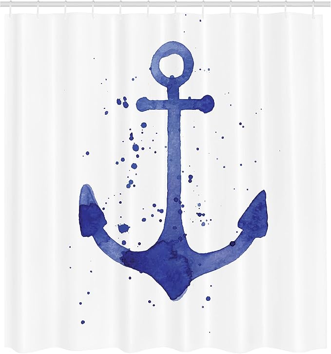 Ambesonne Anchor Shower Curtain, Watercolors Illustration of Anchor Color Drops All Around Navy Equipment Retro Print, Cloth Fabric Bathroom Decor Set with Hooks, 69" W x 75" L, White Navy