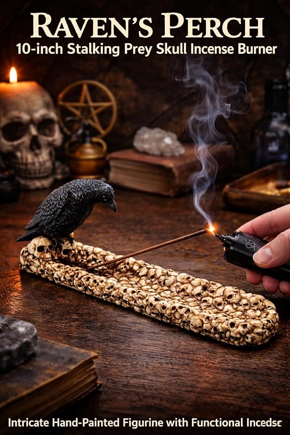 F.E.S.S. Raven Skull Incense Burner Statue – 10 Inch Gothic Resin Figurine with Raven Perched on Skull, Functional Incense Holder for Home, Office & Altar Decor