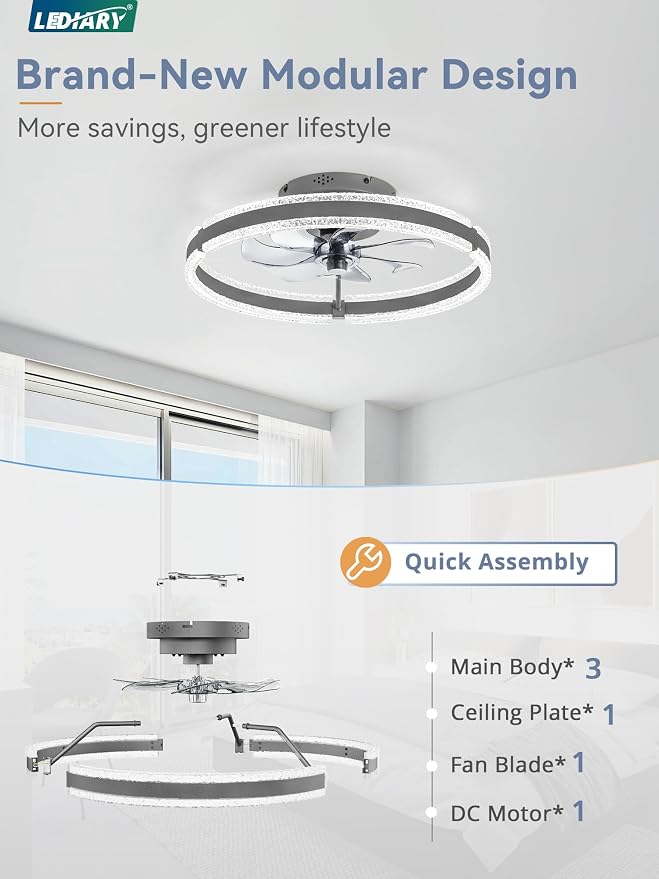 LEDIARY Ceiling Fans with Lights and Remote, 20'' Low Profile Ceiling Fan with Light, 3000-6000K Dimmable Fandelier Ceiling Fans, Modern Flush Mount Fan Light for Bedroom with 6 Wind Speeds-Sandy Gray
