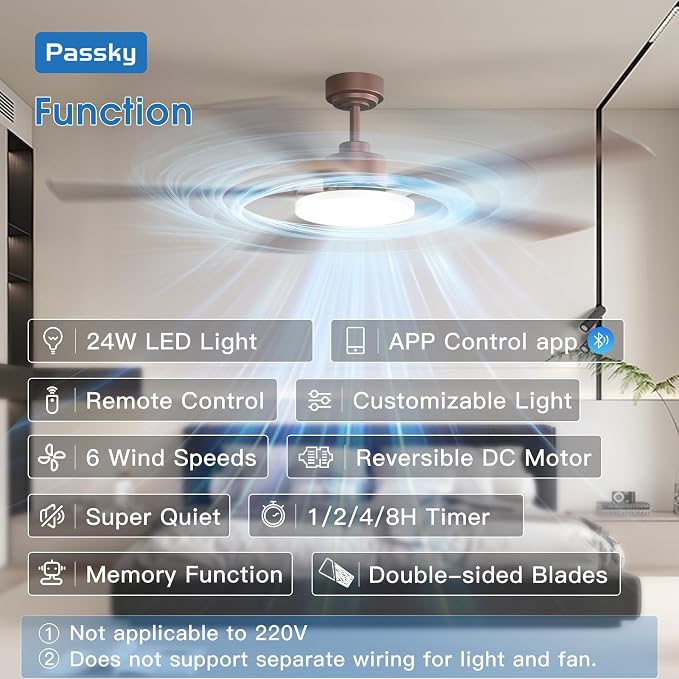 Passky Ceiling Fans with Lights, 60 inch Sleek Ceiling Fan with Light and Remote Control, 3CCT, Dimmable, Reversible, Noiseless, Brown Ceiling Fan for Bedroom, Living Room