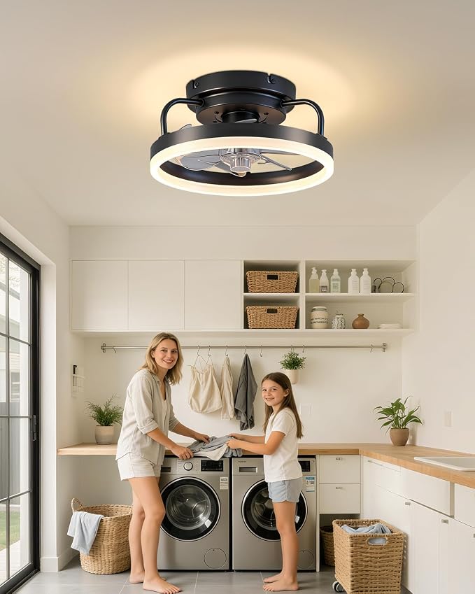 Ceiling Fan with Lights, Low Profile Ceiling Fans with Lights and Remote, Flush Mount LED Fan Light, Modern Bladeless Fandelier for Bedroom Works with APP, 12IN Black