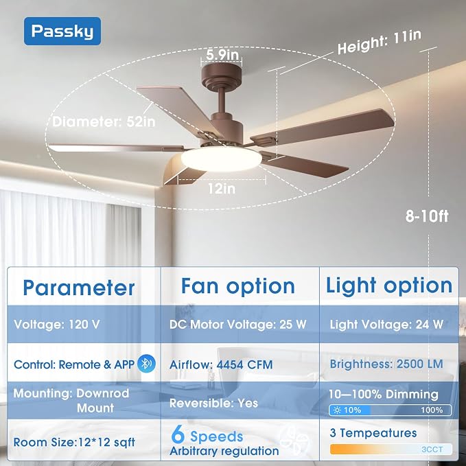 Passky Ceiling Fans with Lights, 52 inch Sleek Ceiling Fan with Light and Remote Control, 3CCT, Dimmable, Reversible, Noiseless, Brown Ceiling Fan for Bedroom, Living Room
