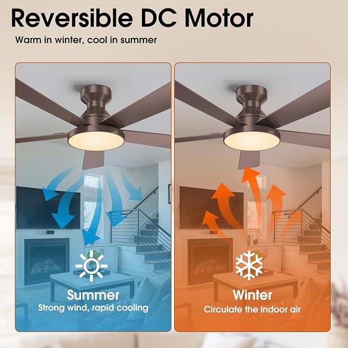 Ceiling Fans with Lights, 52 inch Low Profile Ceiling Fan with Light, Remote/App Control, Flush Mount Modern Ceiling Fan for Bedroom, Indoor/Outdoor (Brown)