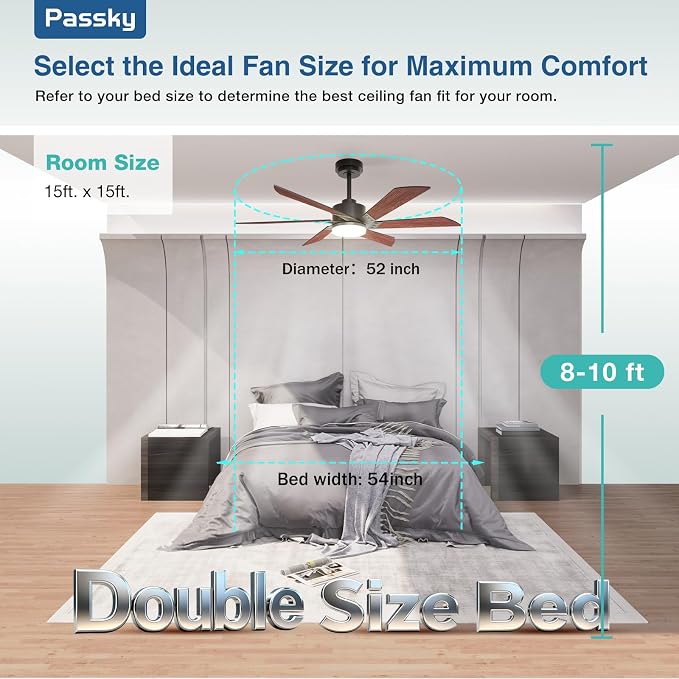 Passky Ceiling Fans with Lights, 52 inch Ceiling Fan with Light and Remote Control, 3CCT, Dimmable, Reversible, Noiseless, Black Contemporary Ceiling Fan for Bedroom, Living Room