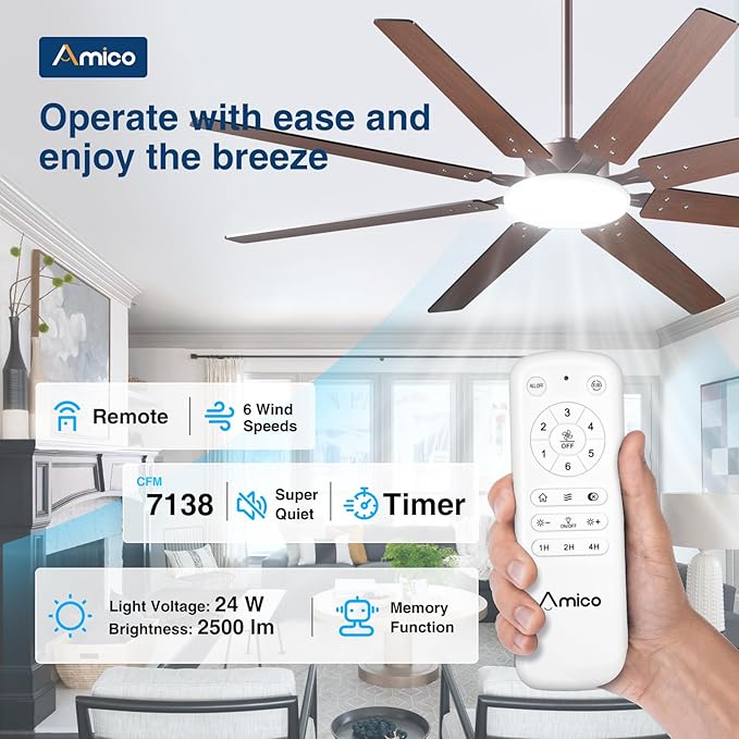 Amico 72 inch Farmhouse Bronze Ceiling Fan with Light, Large Energy Efficient Ceiling Fans with Remote, Reversible DC Motor, Dimmable 3CCT LED, Quiet Indoor/Outdoor for Living Room, Bedroom, Patio