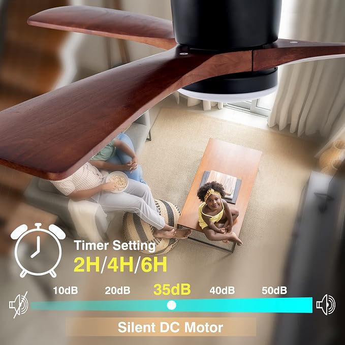 52" Flush Mount Ceiling Fan with Lights Remote Control, 3 Blades Wood Ceiling Fans, Quiet Reversible DC Motor, 6-Speed, Timer, Modern Ceilingfans for Low Profile, Walnut and Matte Black