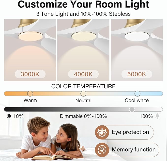 52" Wood Flush Mount Ceiling Fans with Lights Remote Control,Dimmable,Reversible,Modern Gold White Wood Ceiling Fan with Quiet DC Motor,Outdoor Indoor Low Profile for Bedroom Living Room Patio