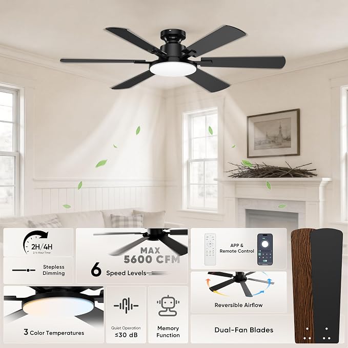 52 Inch Ceiling Fans with Lights, 6 Double Sided Blades, Ultra Quiet Reversible DC Motor, Remote & APP Control, 6 Speeds, 3CCT Dimmable LED with Memory Function, Flush Mount for Living Room, Black