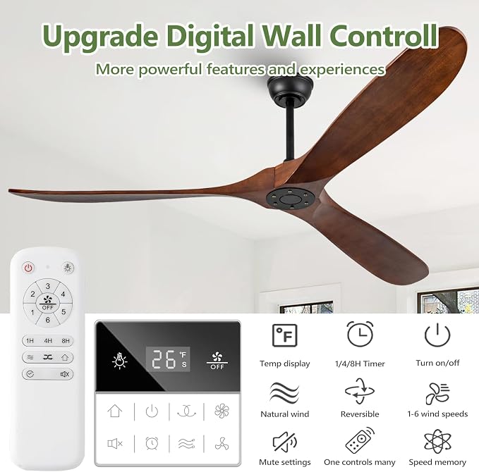 72 Inch Solid Wood Walnut Ceiling Fans No Lights Remote Control, Large Big Outdoor Real Wood Ceiling Fans Without Lights 3 Blades Craftmade Quiet for Patio Farmhouse Living Room Office