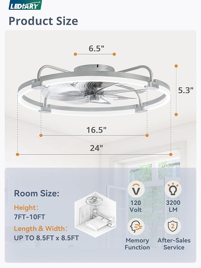 LEDIARY Ceiling Fans with Lights and Remote, 24'' Low Profile Ceiling Fan with Light, 3000-6000K Dimmable Fandelier LED Fan Light, 6 Wind Speeds, Grey Modern Flush Mount Ceiling Fan for Bedroom