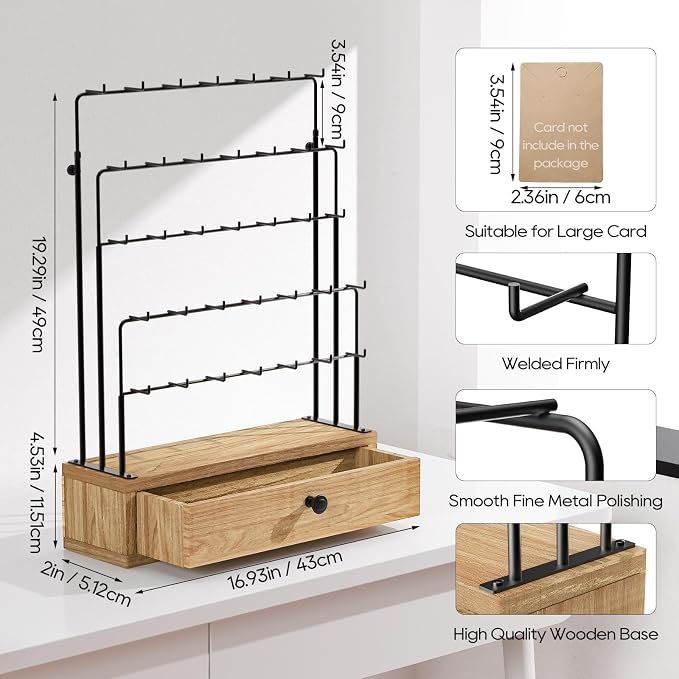 ORLESS 5-Tier Jewelry Display for Vendors, Earring Holder Organizer with Storage Drawer Box, Necklace Display Holder for Selling, Earring Cards Organizer for Bracelets, Rings, Natural Wood(35 Hooks)