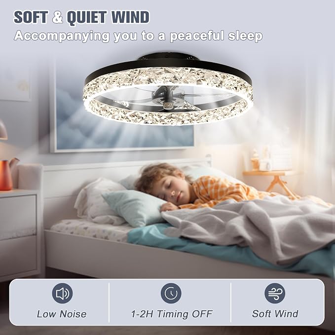 VOLISUN Low Profile Ceiling Fan with Lights and Remote, No Assembly,19.7in Modern Ceiling Fans Flush Mount, 3000K-6500K Dimmable Bladeless LED Fan Light, Black Fandelier Ceiling Fans for Bedroom