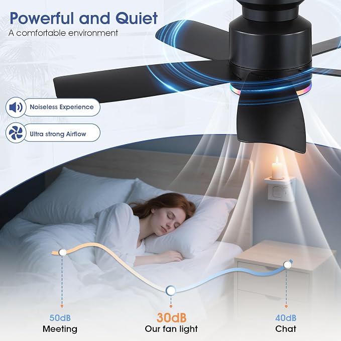 Wiviniya 41 Inch Black Flush Mount Ceiling Fans with RGB Lights, 5 Reversible Blades, 6-Speed 2H Timer, RGB & 3 CCT Dimmable, Remote & APP Control for Bedroom Living Room