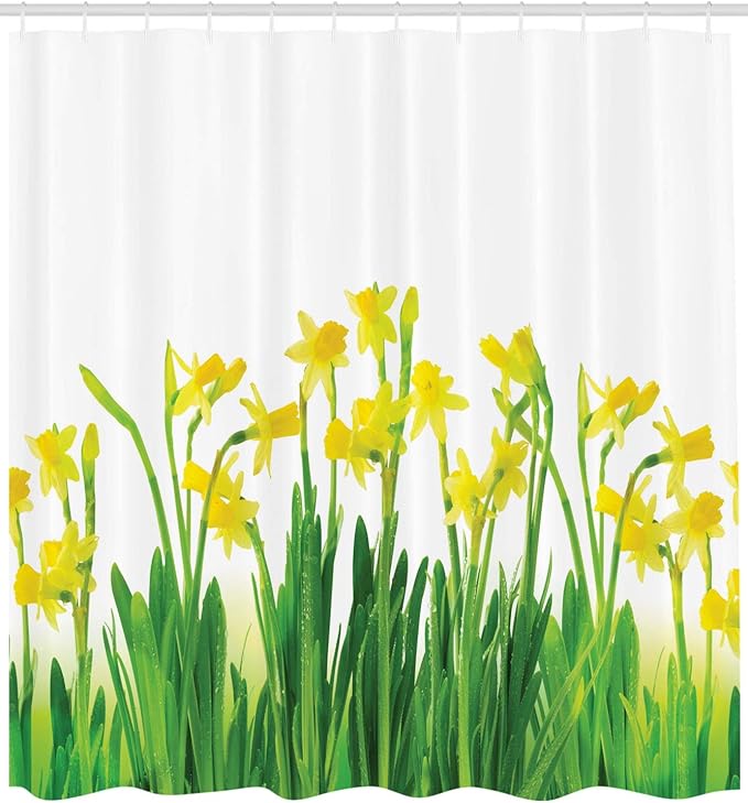 Ambesonne Daffodils Shower Curtain, Narcissus and Daffodil April Spring Flowers Field Natural Seasonal Picture Art, Cloth Fabric Bathroom Decor Set with Hooks, 69" W x 84" L, Green Yellow