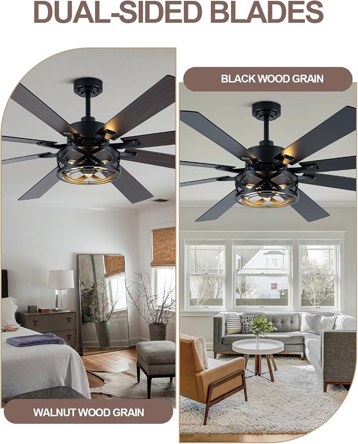 72 Inch Farmhouse Ceiling Fan with Light and Remote Black Rustic Ceiling Fan Quiet and Reversible DC Motor Caged Chandelier Fan for Living Room Bedroom
