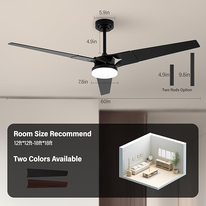 Ceiling Fan with Lights and Remote, 3 Blade App Control Timer Reversible Stepless Brightness and Color Temperature Outdoor Wood Ceiling Fan with Lights (Black, 60 I)