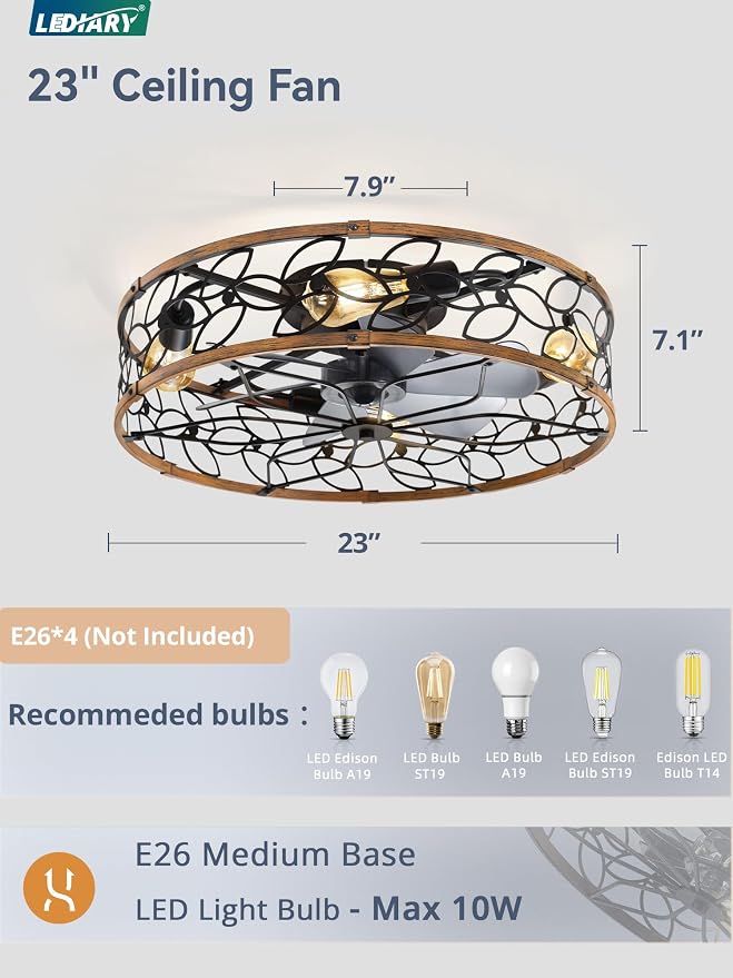 LEDIARY 23 Inch Caged Ceiling Fans with Lights, Farmhouse Flush Mount Ceiling Fan with Remote, Large Low Profile Ceiling Fan Light Fixture for Bedroom, Kitchen, Dining Room-Walnut