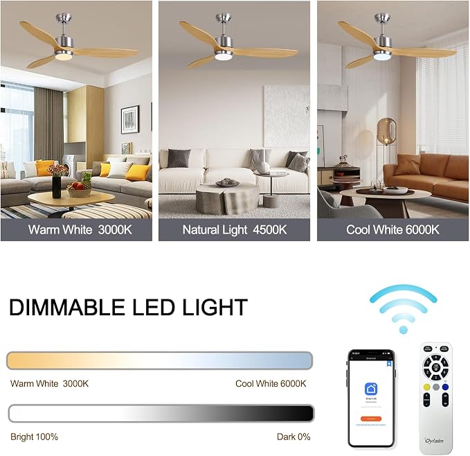 Ovlaim 60 Inch Wood Ceiling Fan with Light, Quiet DC Motor, Smart 6-Speed | 35dB Quiet, Light Wood Blades, 3-Color Dimmable, Memory Function, Reversible Motor, Living Room Patio