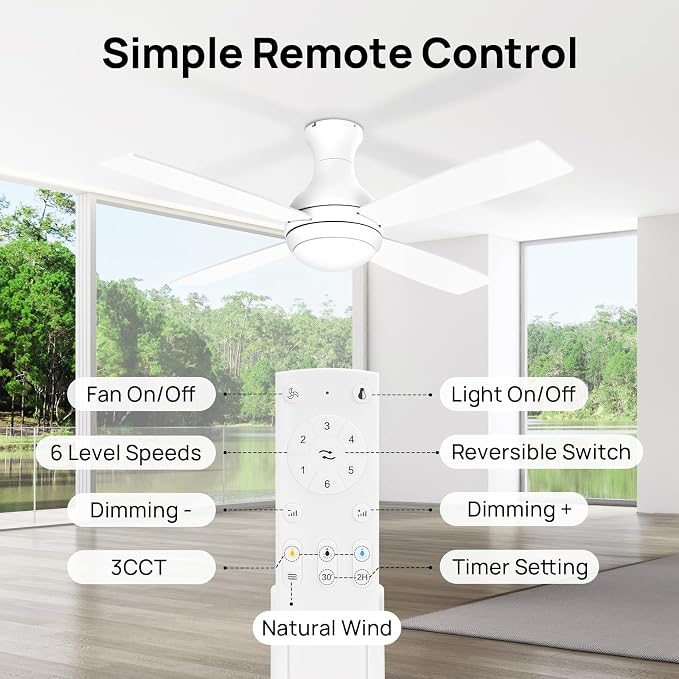 Consciot Ceiling Fan With Lights, 52 Inch Modern Low Profile Ceiling Fan, Remote Control, Quiet Reversible DC Motor, Dimmable 3 Color, 4 Double Finish Blades, Flush Mount, Indoor Only, White