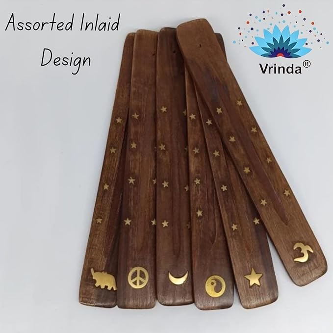 Vrinda® Handmade Wooden Incense Stick Holder with Assorted Inlaid Design –Incense Stick Burner - Ideal for Aromatherapy, Meditation - Ornamental piece for Home, Office Decor 10"(Pack of 12)