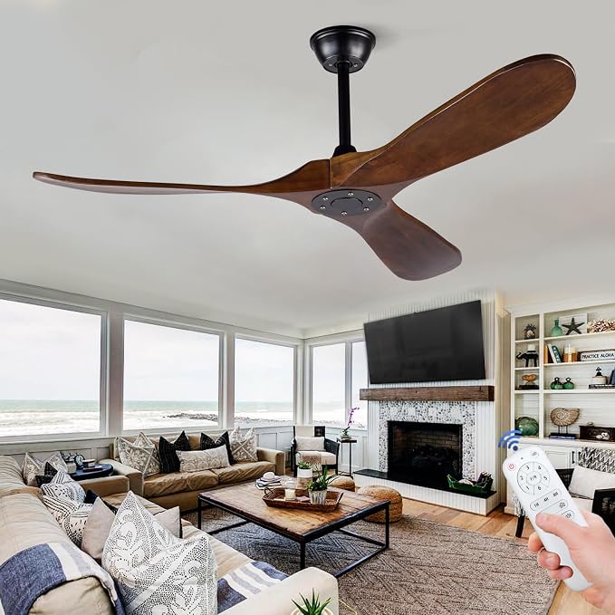 Ceiling Fans without Lights, 52 Inch Wood Ceiling Fan no Light with Remote,Outdoor Ceiling Fan for Living Room,Patio, Porch,6 Speed, Quiet DC Motor(Deep Walnut Blades)