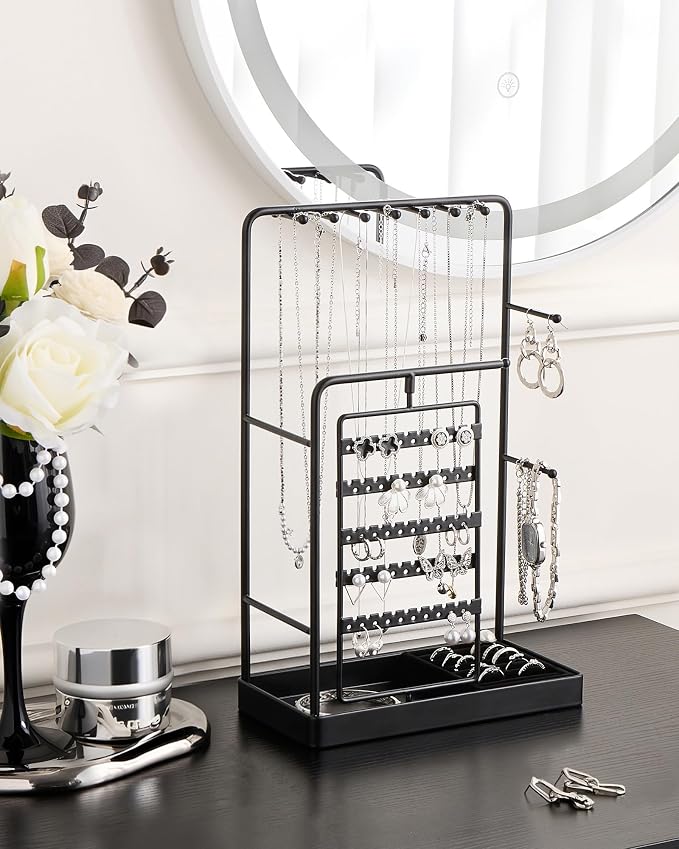 ProCase Jewelry Stand Holder Organizer and Storage, Black (No-Assembly) | Rotating Earring Bracelet Holder Storage, Hanging Jewelry Display Velvet Ring Tray, Teen Girls Birthday Gifts Room Dorm Decor
