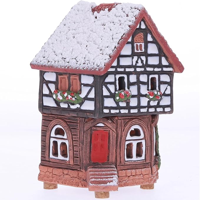 Ceramic Houses and Villages Collection - Handmade Collectible Miniature of Historic House in Lauterbach Germany - Cone Incense Holder, Winter Edition Incense Burner S19-6